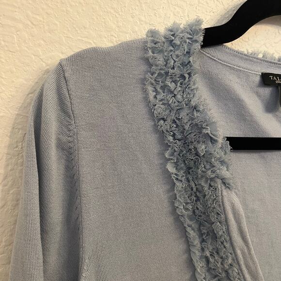 Talbots Cardigan Womens M Silk Blend Fringe Trim Pastel Blue Coquette Office - Picture 5 of 11